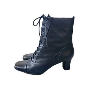 Etienne Aigner Black Leather Lace Up Ankle Boots Heeled Booties 10M Witch Goth